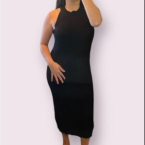 Trois The Label Black Soft Stretchy Ribbed Knitted Halter Neck Maxi/Midi Dress